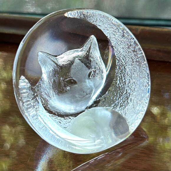 Vintage Clear Glass Cat Face Paperweight, Frosted Intaglio Kitty - Picture 8 of 12